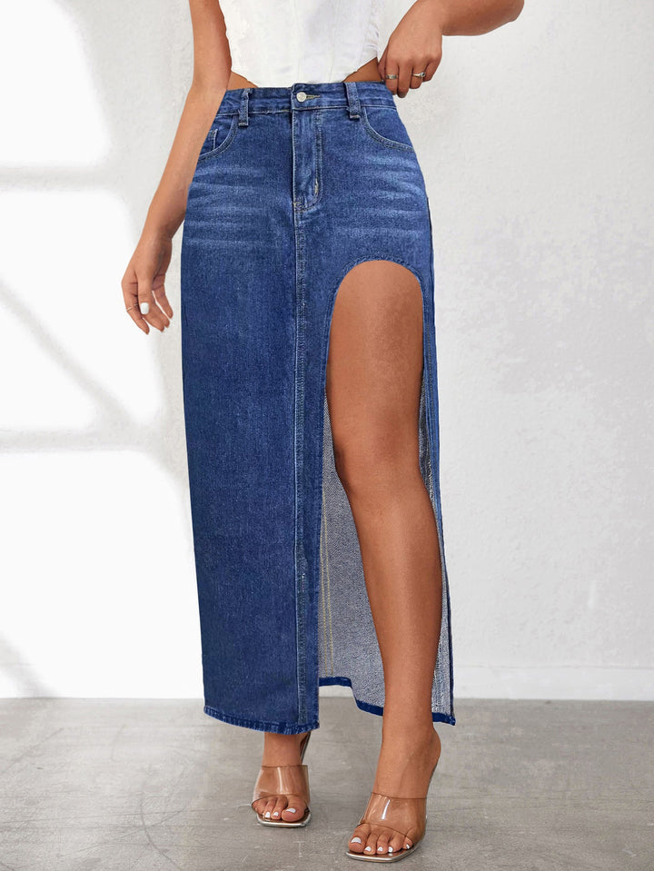 Sexig Vintage-Jeanskjol med Hög Midja och Delat Lår för Kvinnor - Stil i Stockholm